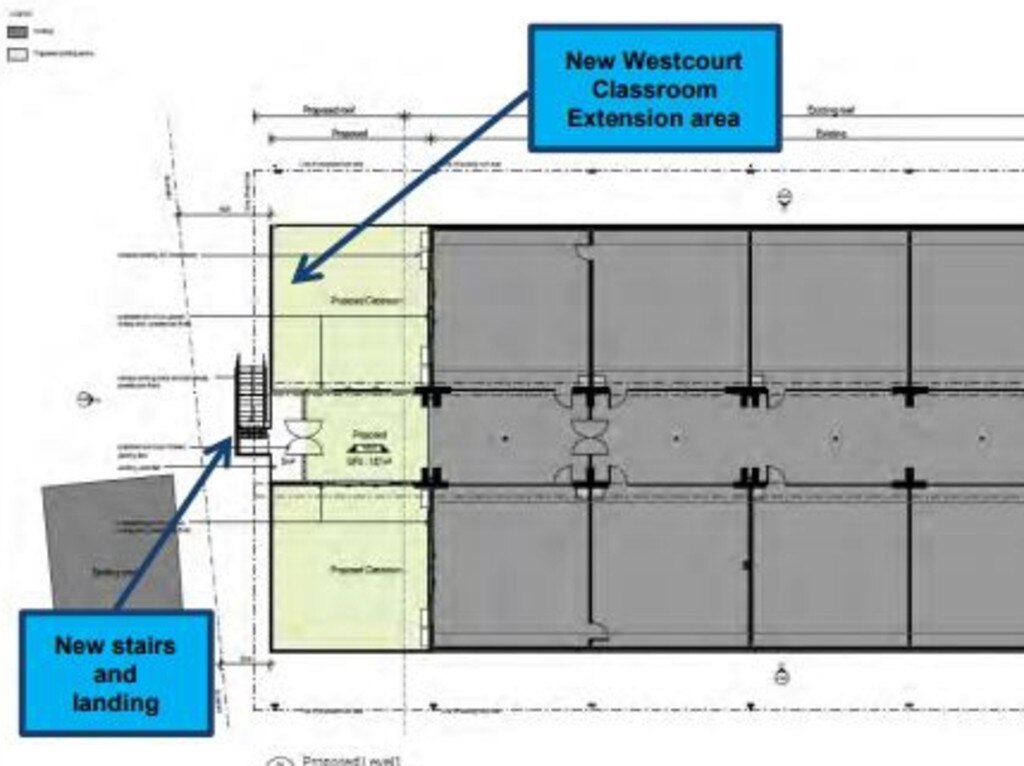 St Edmund’s College site plan of the classroom extension (yellow) within the ‘Westcourt’ building by Gibson Architects. SUPPLIED.