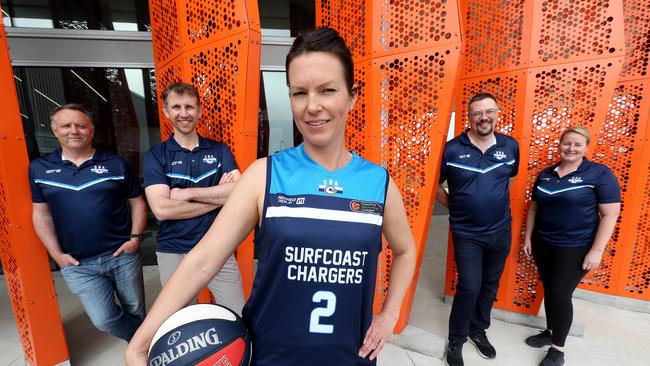 Surf Coast chargers player Mel Jackson with SBA Board members Adam Forde, David Scott, Leon Sayers and Rebecca Lewis at Wurdi Baierr Stadium. Picture: Mike Dugdale