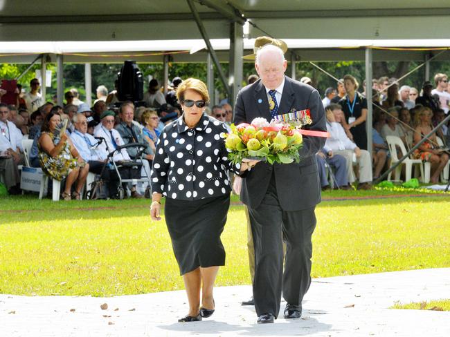 Governor-general of Australia Sir Peter Cosgrove and his wife Lady Lynee Cosgrove lay a wreath at the 75th Bombing of Darwin Memorial Service on the Esplanade. PICTURE: Elise Derwin