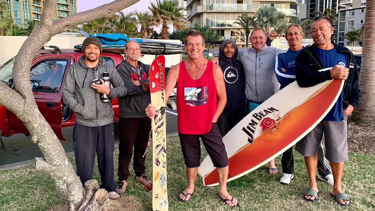 Local surfing crew "The Fossils" at Surfers Paradise. Picture Jenny Masters