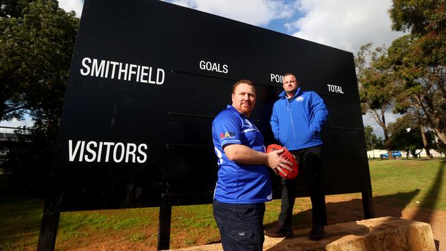 President Ryan Hocking and football development manager Dwayne Nisbet are ready for the Smithfield Football Club to return to the Adelaide Footy League in 2022. Picture: Kelly Barnes