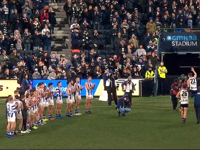 North Melbourne cheers Mitch Duncan. Photo: Fox Footy.