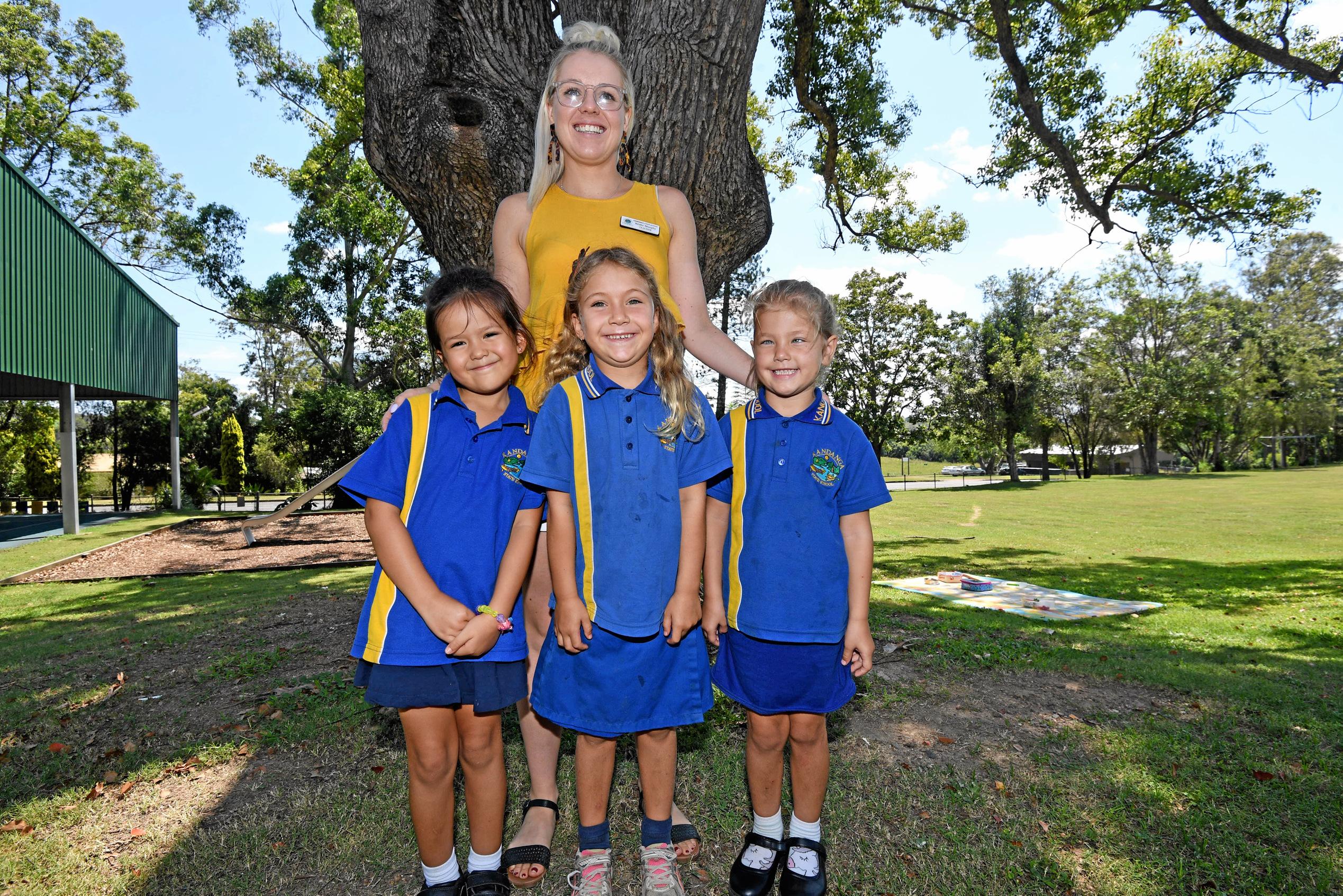 Kandanga State School-Teacher Miss Bridie MurphyFrom Left to right looking at the picture is:Shakira LeverettAmali GahlerSiannah Barkle. Picture: Troy Jegers
