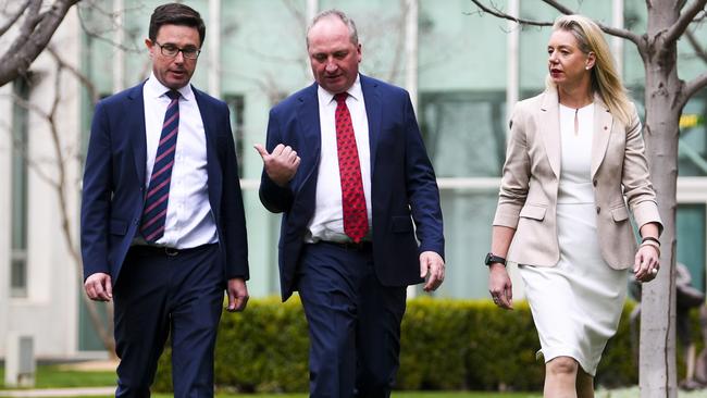 (L-R) Deputy Leader of the Nationals David Littleproud, Barnaby Joyce and Leader of the Nationals in the Senate Bridget McKenzie arrive to speak to the media