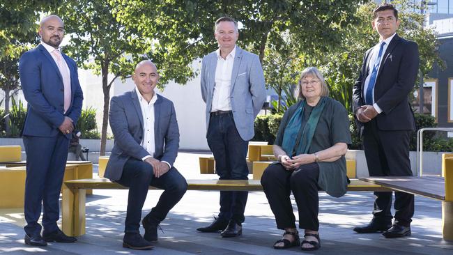 From left: Zeeshan Philip Francis (Christian Democratic Party), Damian Commane (One Nation), Chris Bowen (Labor), Astrid O'Neill (The Greens) and Vivek Singh (Liberal). Picture: Matthew Vasilescu