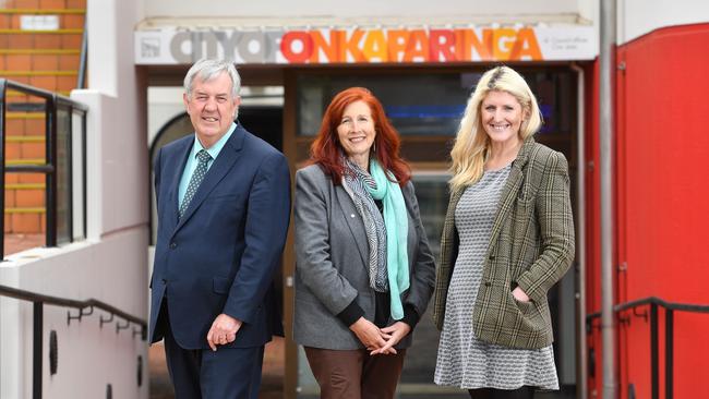 Gary Hennessy, Robyn Holtham and Erin Thompson — three of the five mayoral candidates for Onkaparinga Council. Picture: AAP/ Keryn Stevens