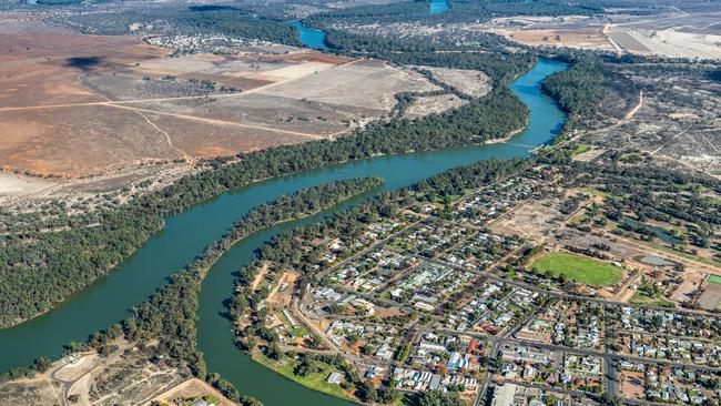 Aerial view of Wentworth and Murray Darling River junction, NSW