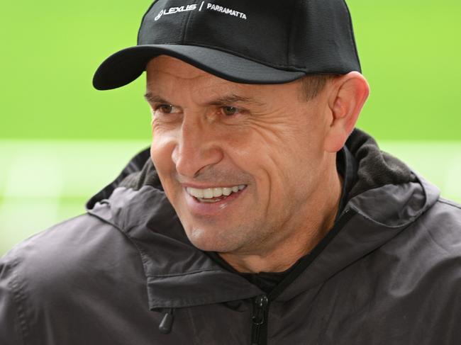 MELBOURNE, AUSTRALIA - OCTOBER 29: Trainer Chris Waller is seen speaking to media during a trackwork session at Flemington Racecourse, on October 29, 2024 in Melbourne, Australia. (Photo by Vince Caligiuri/Getty Images)