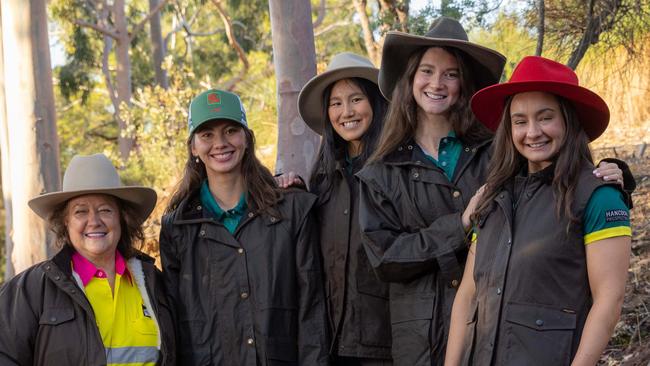 S. Kidman and Co executive chairman Gina Rinehart with Australian artistic swimming Olympians Alessandra Ho, Kiera Gazzard, Rayna Buckle and Hannah Burkhill.