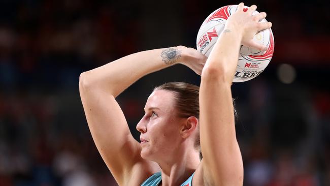 Sasha Glasgow of the Mavericks shoots for goal during the round two Super Netball match between NSW Swifts and Melbourne Mavericks. Photo: Getty Images