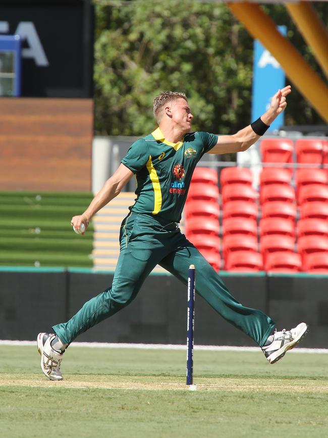 Cricket, Australia XI team playing England Lions in a one-day match at Metricon Stadium. Jack Prestwidge. Pic Mike Batterham