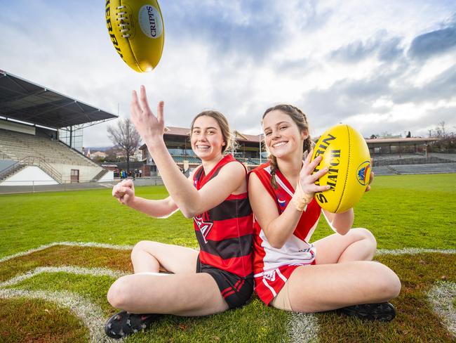 Maizie Ackroyd, from Lauderdale, left, and Ellie Hoponiczky, from Clarence, will face off in the under-15 A1 grand final on Sunday. Picture: Richard Jupe