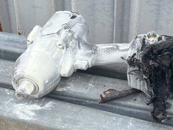 A power tool that exploded after lithium-ion battery overheated. Picture: NT WorkSafe