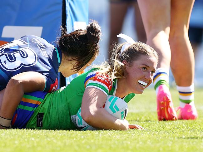 CANBERRA, AUSTRALIA - AUGUST 24: Sophie Holyman of the Raiders scores a try  during the round five NRLW match between Canberra Raiders and North Queensland Cowboys at GIO Stadium on August 24, 2024 in Canberra, Australia. (Photo by Mark Nolan/Getty Images)