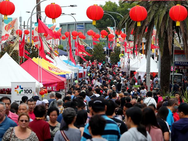 Revelers look at stalls during the Georges River Lunar New Year Festival in Sydney in 2020. Picture: Jeremy Ng