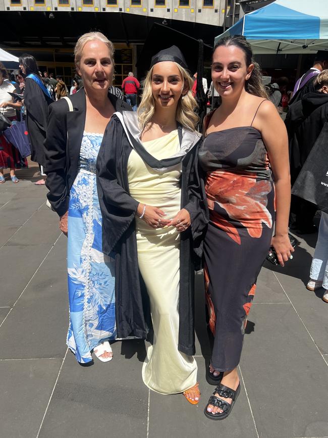 Poppy Coroclidis, Jessica Bartolotta (Bachelorette of Fashion Design) and Larissa Bartolotta at the RMIT University graduation day on Wednesday, December 18, 2024. Picture: Jack Colantuono