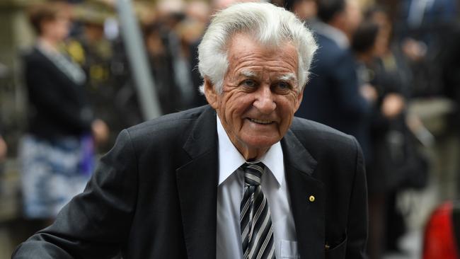 Former prime minister Bob Hawke walks away after attending the state funeral of Sir Nicholas Michael Shehadie in February last year.