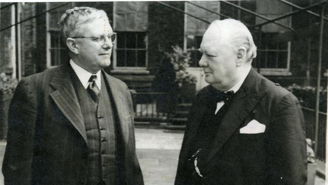 External Affairs Minister Dr HV “Doc” Evatt, left, meets with British Prime Minister Winston Churchill in the courtyard of Number 10 Downing Street in London in 1943.