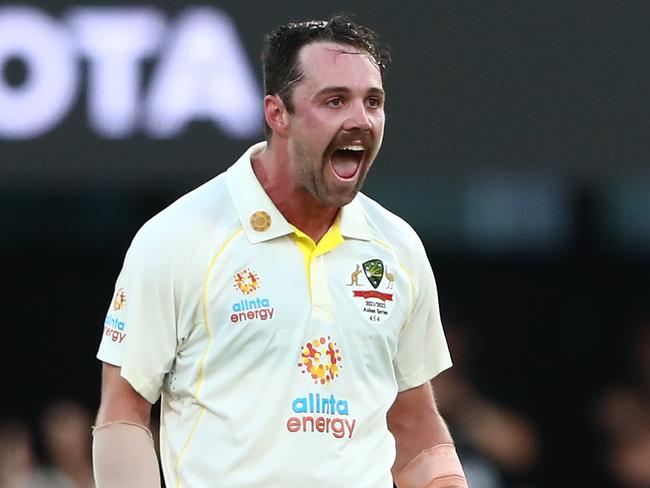 BRISBANE, AUSTRALIA - DECEMBER 09: Travis Head of Australia celebrates a century during day two of the First Test Match in the Ashes series between Australia and England at The Gabba on December 09, 2021 in Brisbane, Australia. (Photo by Chris Hyde/Getty Images) (Photo by Chris Hyde/Getty Images)