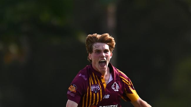 BRISBANE, AUSTRALIA - FEBRUARY 13: Callum Vidler of Queensland celebrates dismissing Ollie Davies of New South Wales during the ODC match between Queensland and New South Wales at Allan Border Field, on February 13, 2025, in Brisbane, Australia. (Photo by Albert Perez/Getty Images)