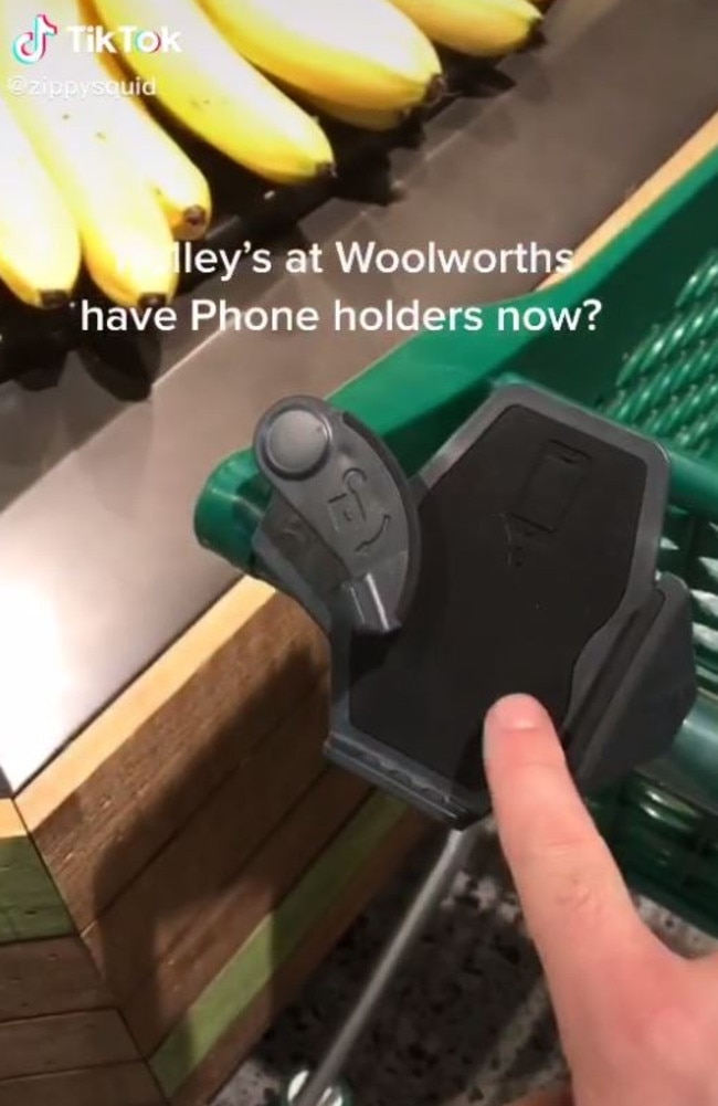 There are now phone holders on some trolleys as well as the fact the cart is now plastic instead of metal. Picture: TikTok/zippysquid