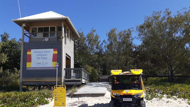 A body was found in front of the Rainbow Beach life-saving tower (pictured) this morning.