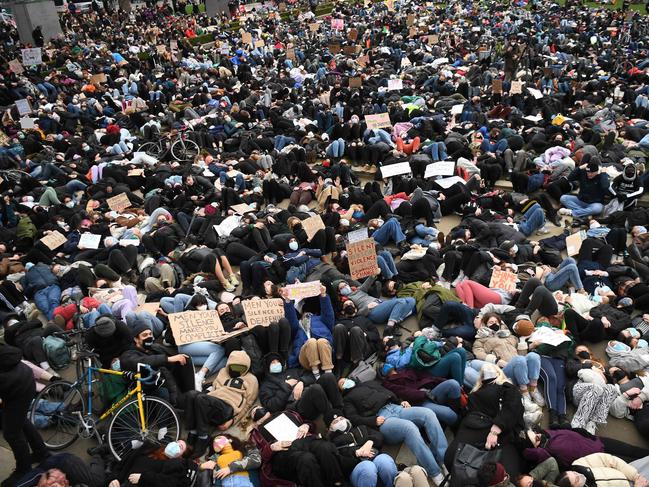 Protesters calling for greater public safety for women after the death of Sarah Everard, against the police handling of a gathering on Clapham Common. Picture: AFP