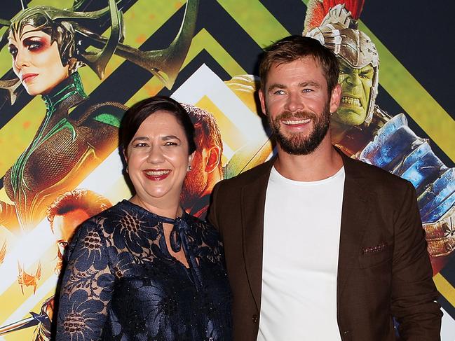 Premier Annastacia Palaszczuk and Chris Hemsworth at the Australian premiere of Thor: Ragnarok at Event Cinemas Robina in October 2017. Picture: Lisa Maree Williams/Getty Images.