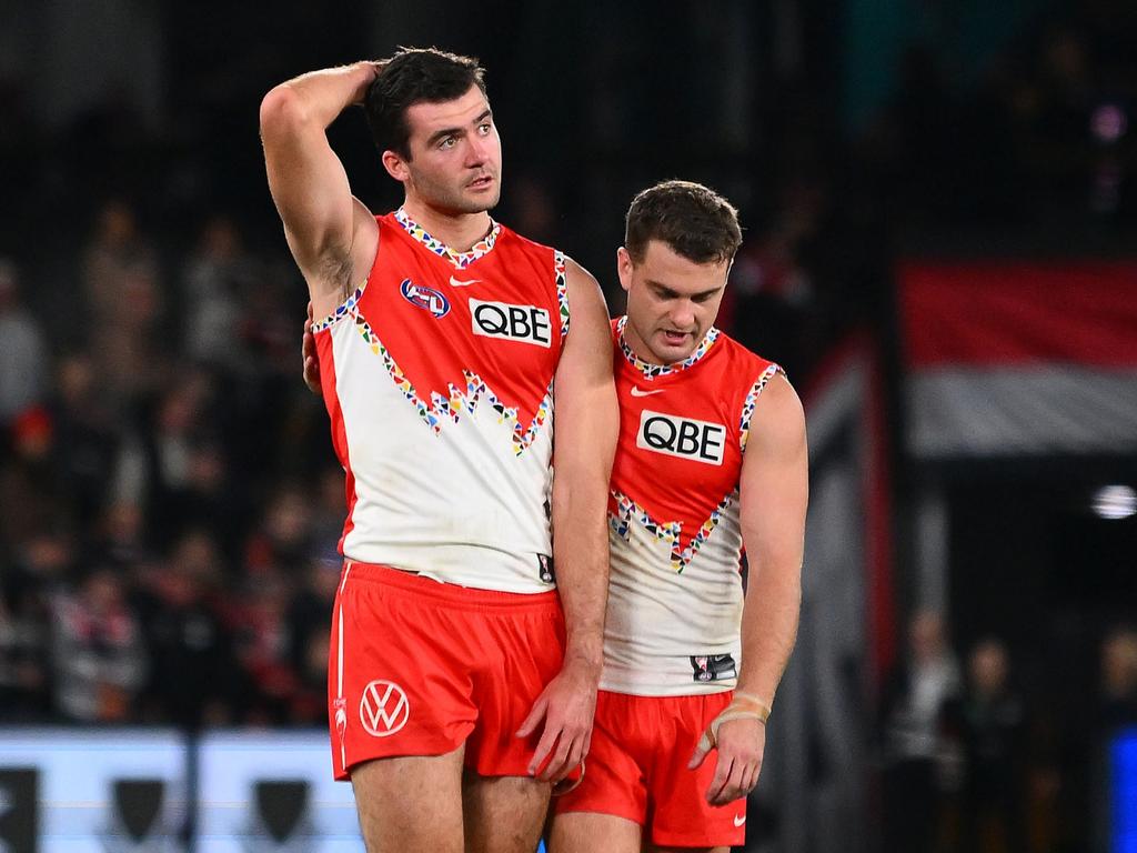 Logan McDonald and Tom Papley both missed chances to put the Swans in front against St Kilda in Round 17. Picture: Morgan Hancock/AFL Photos/via Getty Images.