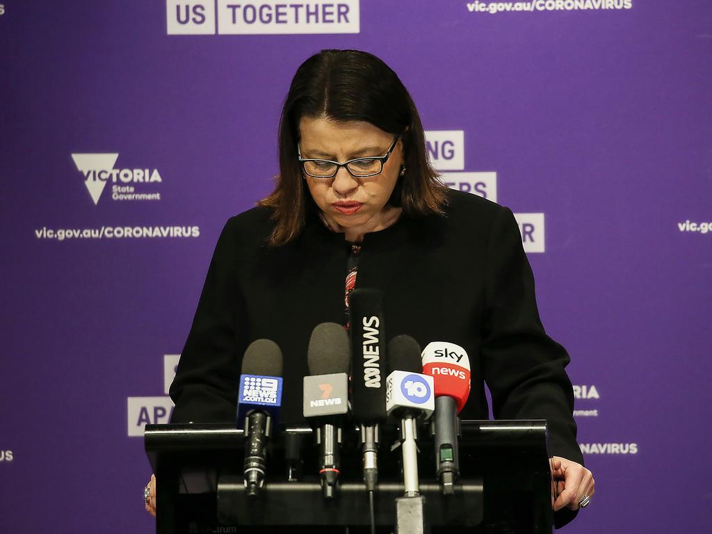 Victorian Health Minster Jenny Mikakos becomes emotional when talking of the effect on the Greek community in aged care who have been infected with coronavirus. Picture: Ian Currie/NCA NewsWire