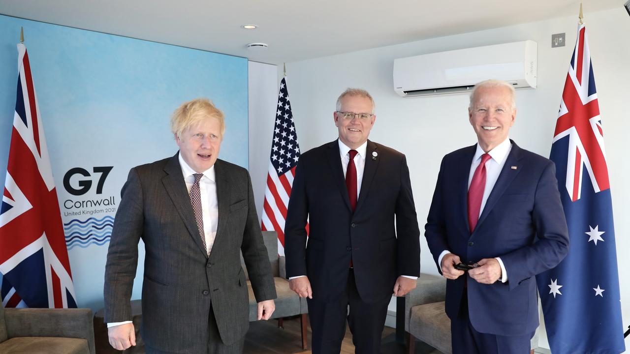 Scott Morrison had a trilateral meeting with President Joe Biden and UK Prime Minister Boris Johnson during the G7 Leaders meeting. Picture: Adam Taylor/PMO