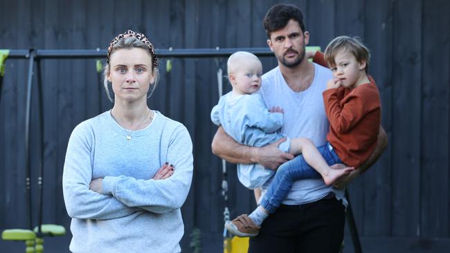 Georgie Hudson with her husband Kael Hudson and children Harry, 4, and Poppy, 2. Georgie has advanced breast cancer and they wanted her mother, Katrina Anderson, to come from Sydney to help them but her travel permit application was denied. Picture: David Caird