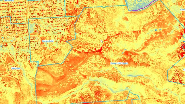 The heat generated from dry and parched land along the Hills Face Zone is revealed in this image. But the land cools quickly at night.