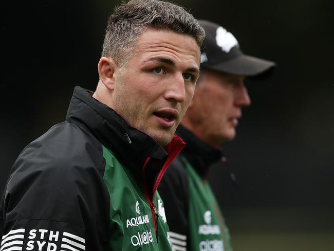 SYDNEY, AUSTRALIA - MARCH 09: Rabbitohs head coach Wayne Bennett and Sam Burgess talk during a South Sydney Rabbitohs NRL training session at Redfern Oval on March 09, 2020 in Sydney, Australia. (Photo by Mark Metcalfe/Getty Images)