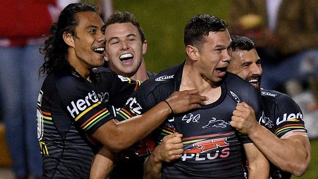 Brent Naden celebrates after tearing into the Dragons. Image: AAP Image/Dan Himbrechts