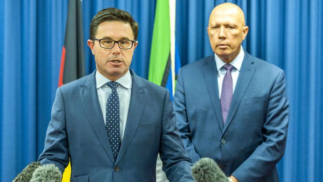 National Party leader David Littleproud and Liberal Party leader Peter Dutton speak to the media. Picture: Richard Walker