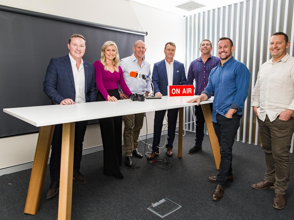 Hosts of SEN (L-R) Matt White, Katie Brown, Kimmy Smith, Andrew Voss, Brian Fletcher, Matty Johns and Joel Caine. Picture: Dylan Robinson.