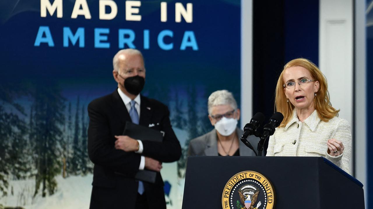 US President Joe Biden and White House National Climate Advisor Gina McCarthy listen as Tritium CEO Jane Hunter announces the US build at the South Court Auditorium in Eisenhower Executive Office Building, in Washington, DC. Picture: Brendan Smialowski/AFP