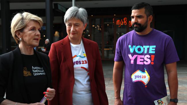 ANU Chancellor Julie Bishop, Foreign Affairs Minister Penny Wong, and Yes23 campaign director Dean Parkin were out talking to voters in Perth together on Monday. Picture: NCA Newswire/Philip Gostelow