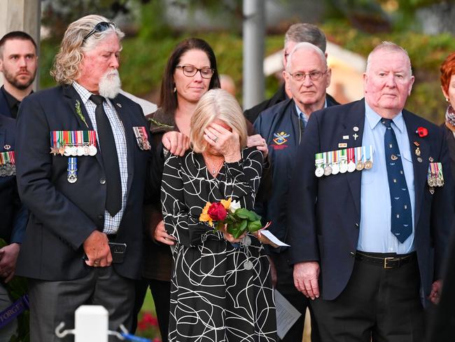 ADELAIDE, AUSTRALIA - NewsWire Photos April 25, 2023: Anzac Day Dawn Service at the War Memorial on North Terrace. Families look on as a new plaque was unveiled. Picture: NCA NewsWire / Naomi Jellicoe