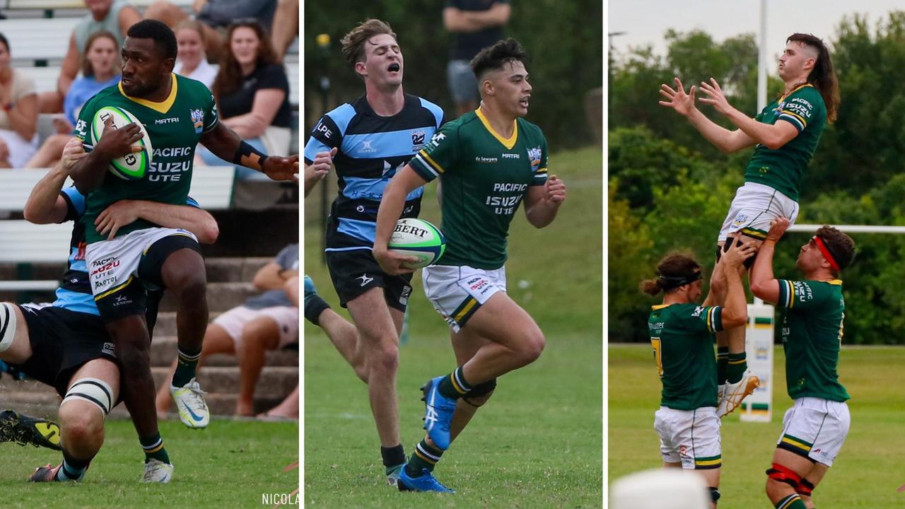 Dani Cakau, Shaquille Rangi and Charlie McGovern in action for the USC Barbarians. Picture: Nicole Anne Photography.