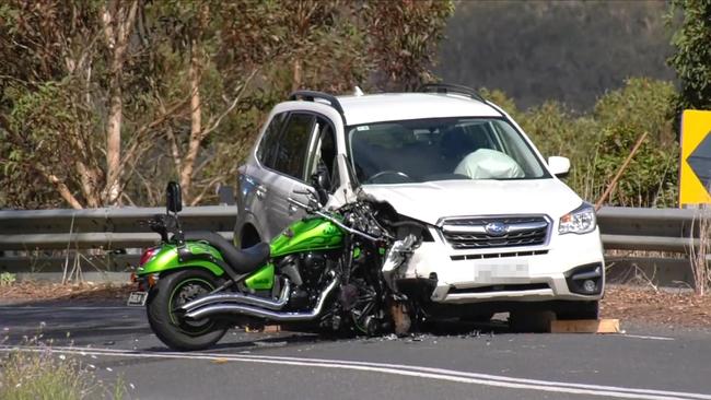 A Subaru station wagon and a Kawasaki motorcycle collided on Main South Rd, Wattle Flat, killing the rider on Saturday. Picture: 7NEWS