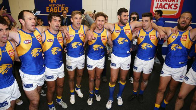 West Coast players celebrate beating Collingwood at the MCG in July. Picture: Michael Klein