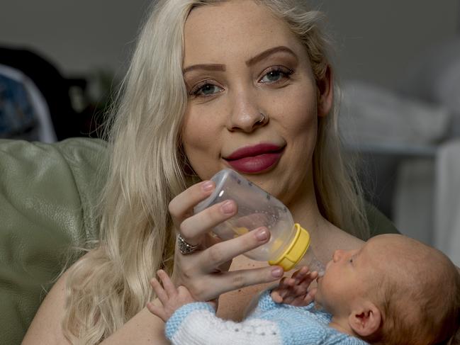 Jazmin Merchant-Woodford breastfeeds but also uses donated breastmilk to feed her 5-week-old baby, Grayson Edwards.    Picture: Jerad Williams