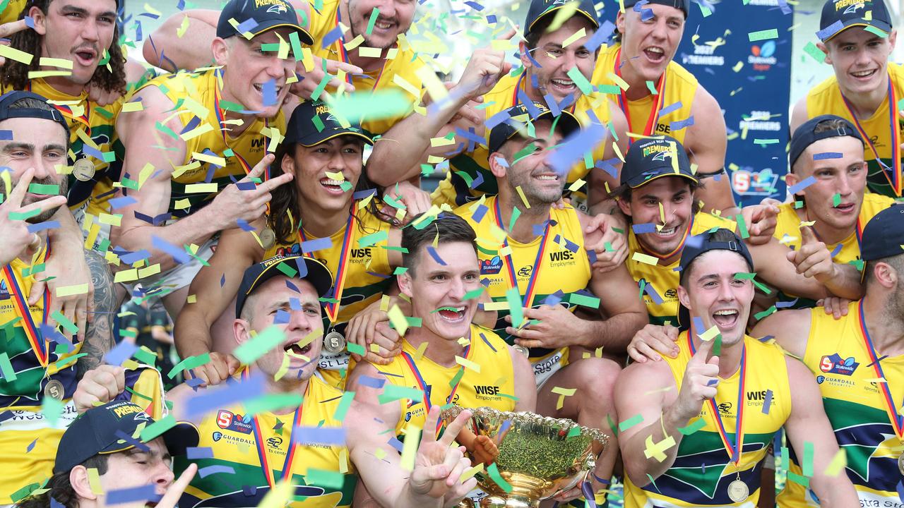 The Eagles celebrate their 2021 SANFL Grand Final win. Picture: Sarah Reed