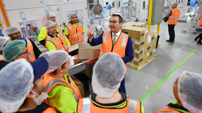 Premier Steven Marshall visits the Detmold PPE production facility in Brompton. Picture: AAP / David Mariuz