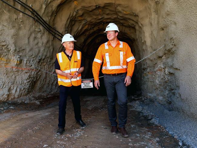 Chris Larkin, from the Kokatha Aboriginal Corporation, and Andrew Cole, chief executive of OZ Minerals at the Carrapateena copper mine. The mining strategy aims to create more opportunities for traditional land owners.