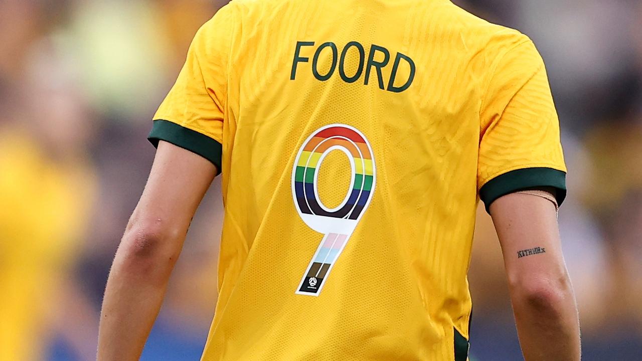 The Progress Pride Flag was printed on Matildas players’ jerseys at the 2023 Cup of Nations Match against Spain, following Football Australia’s partnership with Sydney WorldPride Picture: Brendon Thorne/Getty Images.