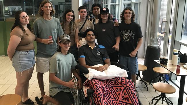 Titans prospect Joseph Pouniu has been diagnosed as a quadriplegic after suffering a devastating spinal injury. He has celebrated his 17th birthday with friends and family in hospital. Credit: Supplied.