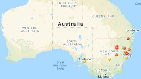 MouseAlert map showing the extent of the mice plague in January, 2021. Red represents high numbers, orange shows medium numbers, yellow shows low numbers and grey represents none. Picture: MouseAlert